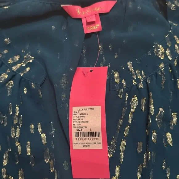 Lilly Pulitzer Matilda Top in Inky Tidal - Teal Blue Metallic Dot Peasant Blouse - Picture 6 of 6